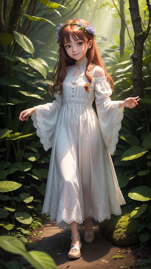 

"A young girl stands in a magical forest, holding a unique frog in her hands. The girl, around 10 years old, has long, flowing auburn hair adorned with tiny flowers. She wears a simple, white dress with lace trim, which contrasts with the vibrant greens and earthy tones of the forest around her. Her eyes are wide with wonder and excitement as she gazes at the frog.

The frog itself is no ordinary amphibian. Its skin is an iridescent mix of deep blues and purples, with intricate golden patterns that shimmer in the dappled sunlight filtering through the trees. It has large, expressive eyes that seem to twinkle with intelligence and a slight, knowing smile on its face. The frog's legs are unusually long and elegant, almost giving it a regal appearance.

Around them, the forest is alive with magic. Soft, glowing orbs of light float through the air, casting a gentle luminescence on the scene. Exotic