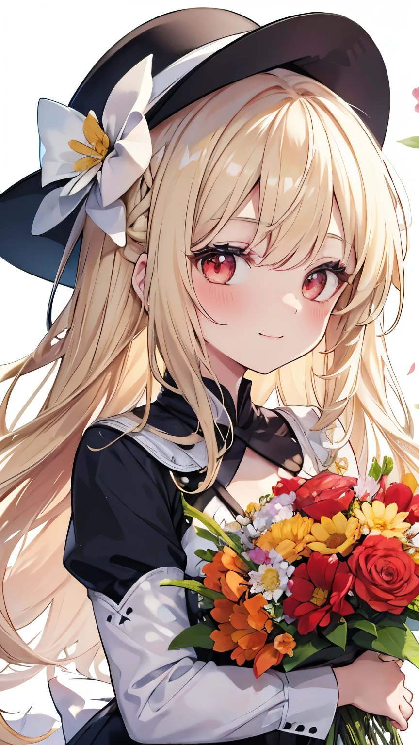 a young woman with bright blonde hair standing next to a bunch of flowers and wearing a hat, 1 Girl, flower, alone, Red eyes, smile, flower bunch, Looking at the audience, white background, colorful flower, bow, blush, background, Holding, Upper Body, close、 head shot, bangs, Holding flower bunch,Silver long hair