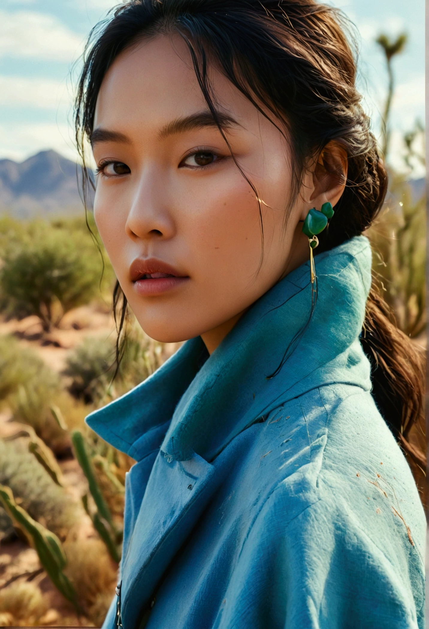 A magazine cover with the text "IMM", featuring an Asian woman wearing a blue wool coat, posing in front of desert plants and grasses, with soft lighting and a minimalist background. The model has long black hair tied back to her shoulders, green earrings on each ear, a thin necklace around her neck, simple makeup, light brown skin tone, and fair complexion. She is looking directly at the camera, with the title ' IMI' written below her chest in the style of a minimalist magazine cover.