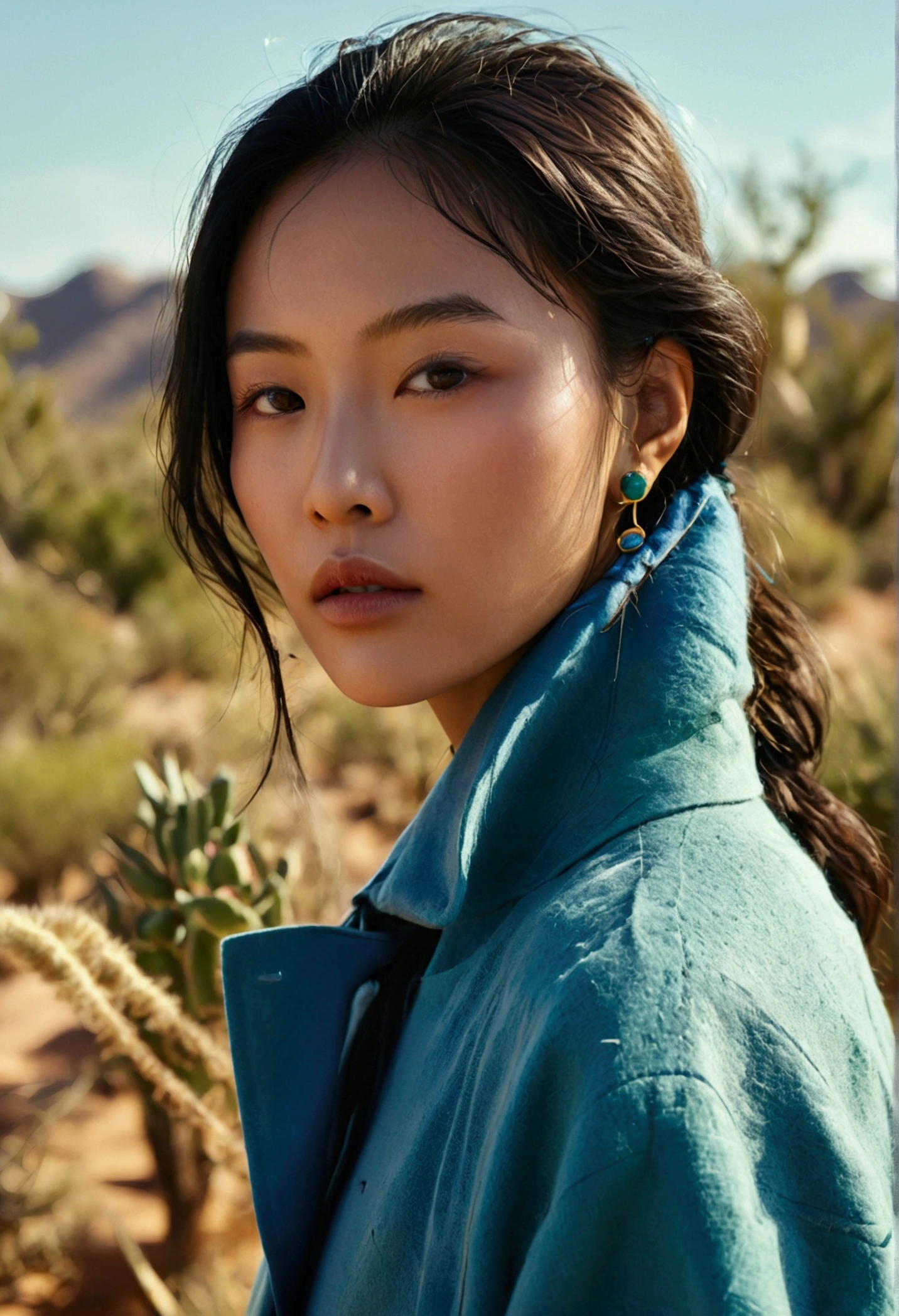 A magazine cover with the text "IMM", featuring an Asian woman wearing a blue wool coat, posing in front of desert plants and grasses, with soft lighting and a minimalist background. The model has long black hair tied back to her shoulders, green earrings on each ear, a thin necklace around her neck, simple makeup, light brown skin tone, and fair complexion. She is looking directly at the camera, with the title ' IMI' written below her chest in the style of a minimalist magazine cover.