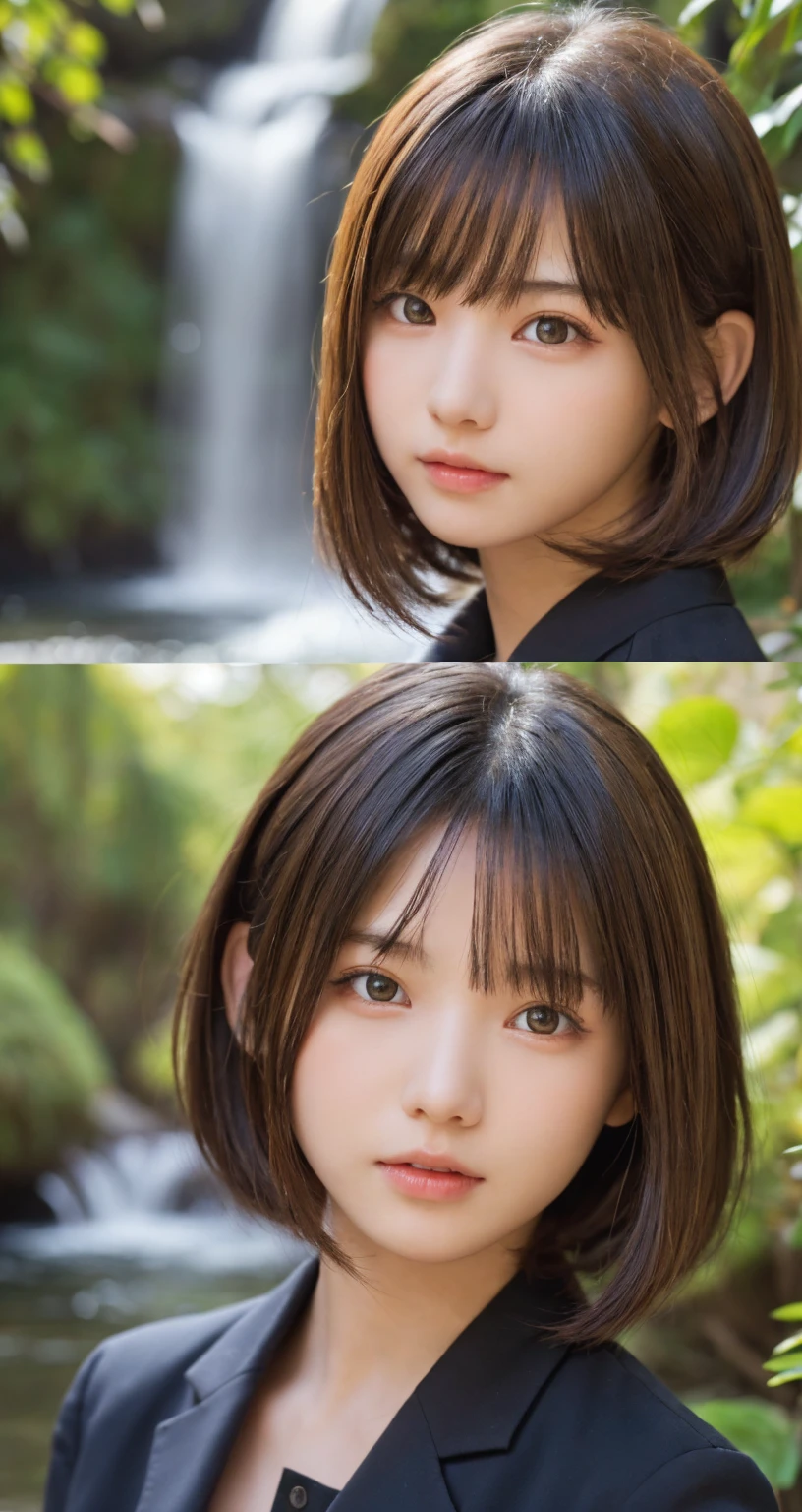one girl, (a beauty girl, delicate girl:1.3), (:1.3),
BREAK, (シャツ:1.2),
BREAK, (Small waterfall background:1.2),
BREAK, very fine eyes, (symmetrical eyes:1.3),
BREAK, (big breasts:1.1), brown eyes, parted bangs, brown bobcut hair, round face, kawaii,
BREAK, (eyes and faces with detailed:1.0),
BREAK, (masterpiece, best quality, ultra detailed, detailed face, 8K)