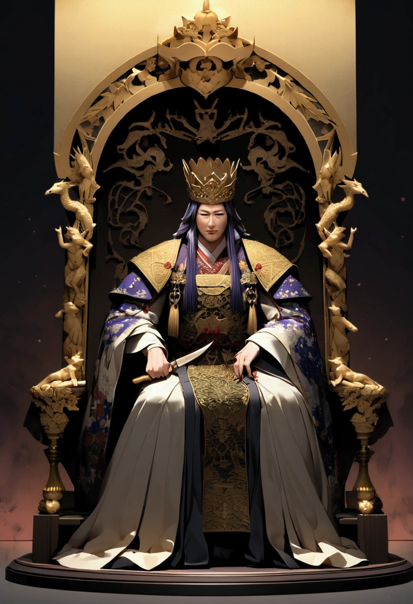 Dry Oil Brush Abstract, Ink Art, Flying Effect, figure, A cunning and strategic portrait of Cao Cao, Military commander of the Three Kingdoms period. He wears royal robes decorated with dragons., Crown, And sharp, Intelligent appearance. He sits on the throne, Holding a folding fan, 地figureと巻物に囲まれた.,Mystical Sword,inflammationの渦,Light,King,1people,Shine,knife,inflammation