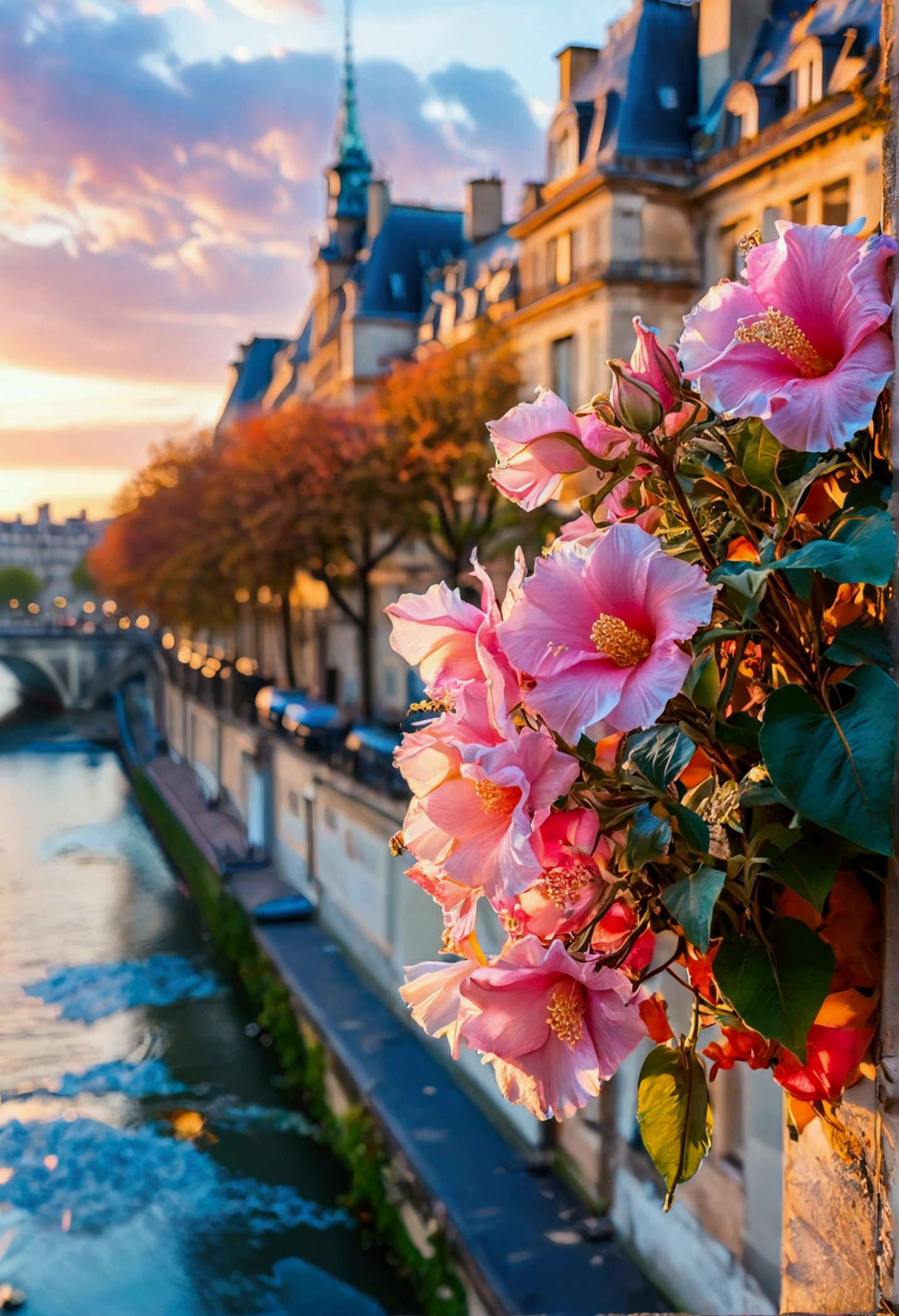 blue pink Ipomea flowers hang on a wall of a classic building in the city at sunrise, background the Seine in Paris, warm hues,