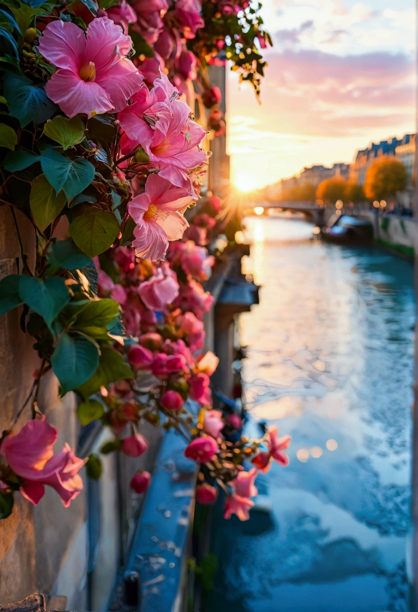 blue pink Ipomea flowers hang on a wall of a classic building in the city at sunrise, background the Seine in Paris, warm hues,
