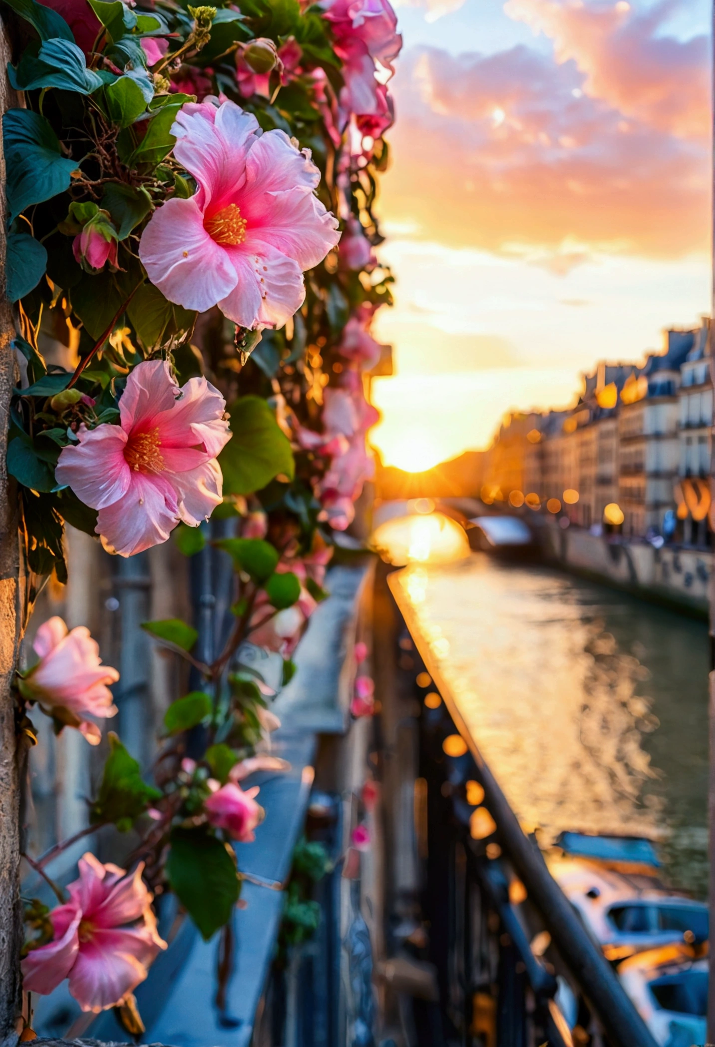 blue pink Ipomea flowers hang on a wall of a classic building in the city at sunrise, background the Seine in Paris, warm hues,