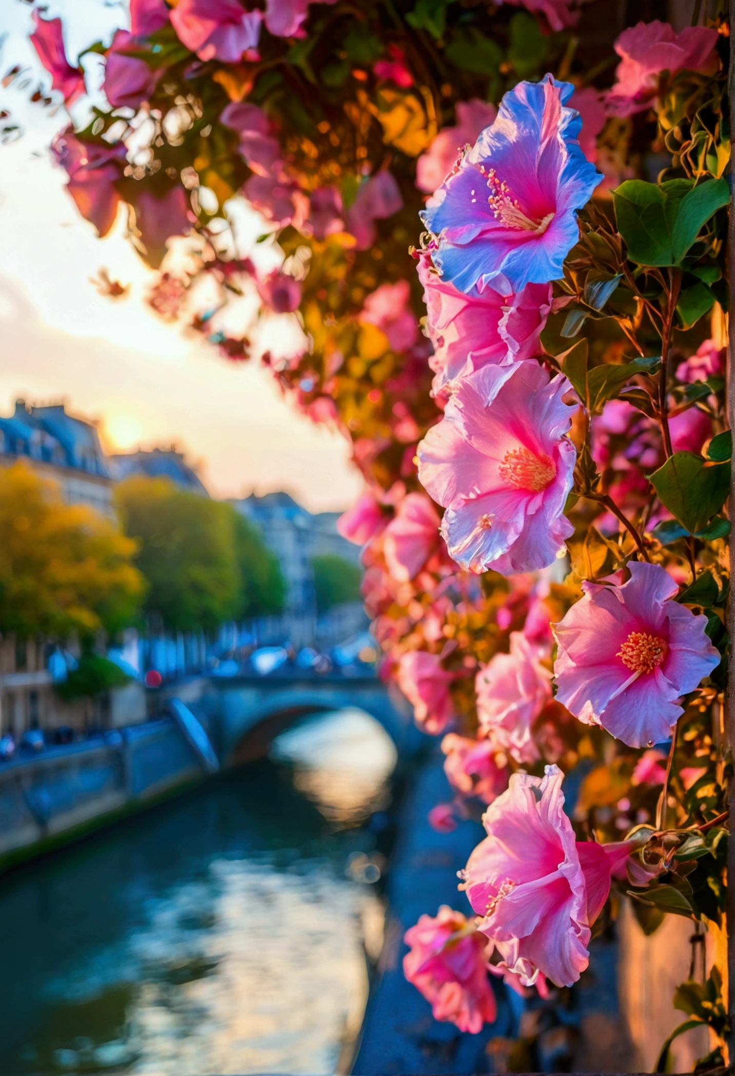 blue pink Ipomea flowers hang on a wall of a classic building in the city at sunrise, background the Seine in Paris, warm hues,