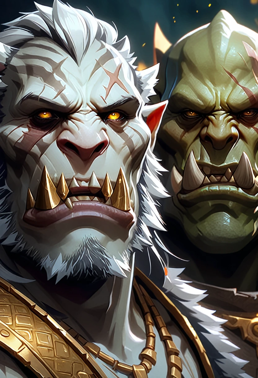 White Tiger Orc,Gold pattern,Scar on left eye，Black left eye，Right eye turns yellow,