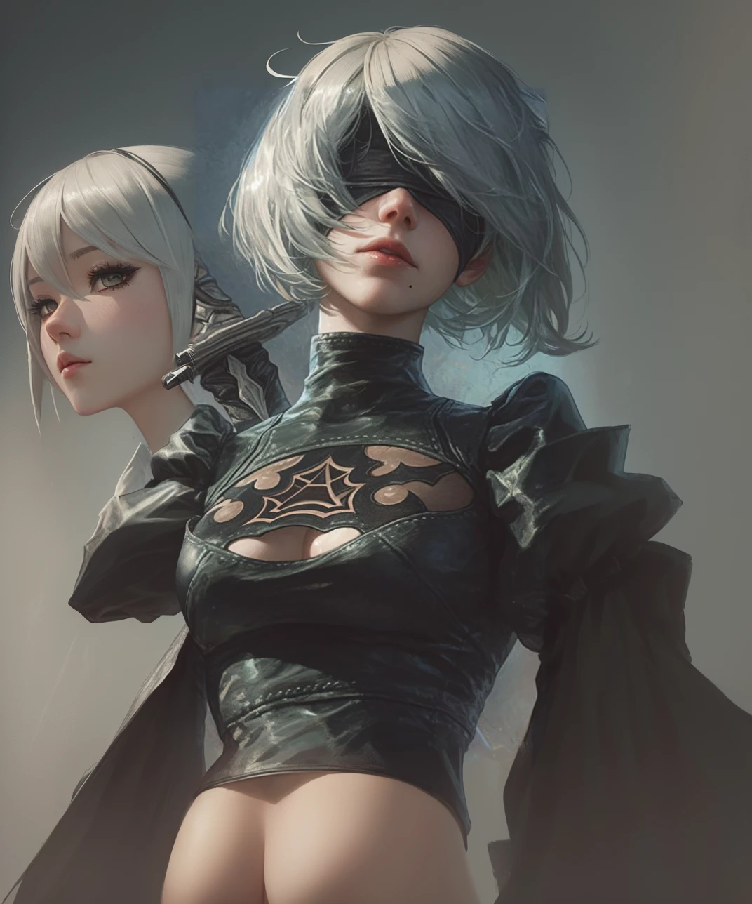 Anime girl with long samurai sword and black outfit posing for a photo、2B Nier オートマトン、Nier:Automaton Inspired、Nier オートマタ インスパイア、Nier オートマタの 2 B、Nier オートマタの 2b、2 b、Nier インスパイアー、Nier 2 b、Bad anime 8k、Nier、Female Assassin、8k high quality detailed art