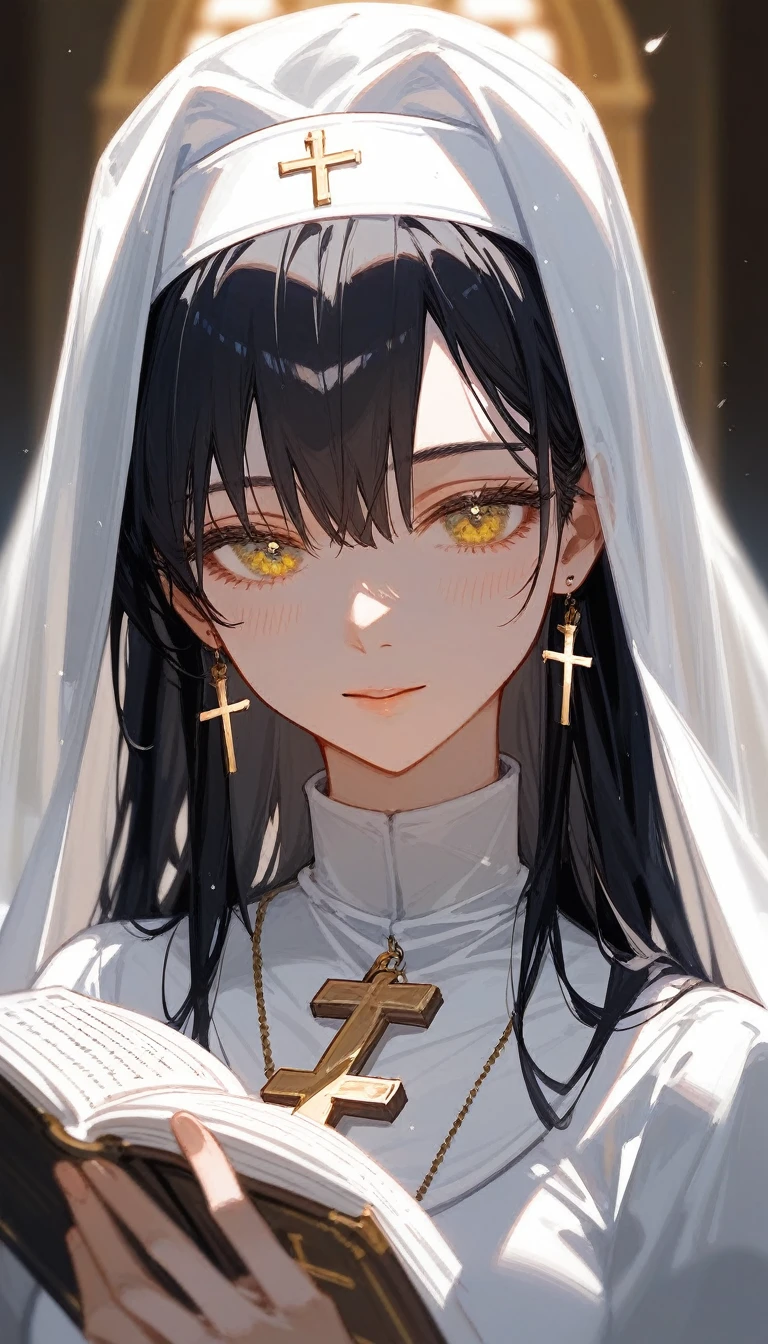 (Fraction_9,Fraction_8_Direction_7_up), （（1 woman））（bust），Priest，nun，White holy light，Wedding dress，Book in hand，cross，Close your eyes and pray，Black, white and yellow，whole body