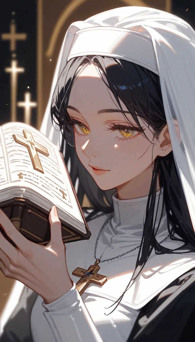 (Fraction_9,Fraction_8_Direction_7_up), ((1 woman))(bust),Priest,nun,White holy light,Wedding dress,Book in hand,cross,Close your eyes and pray,Black, white and yellow,whole body