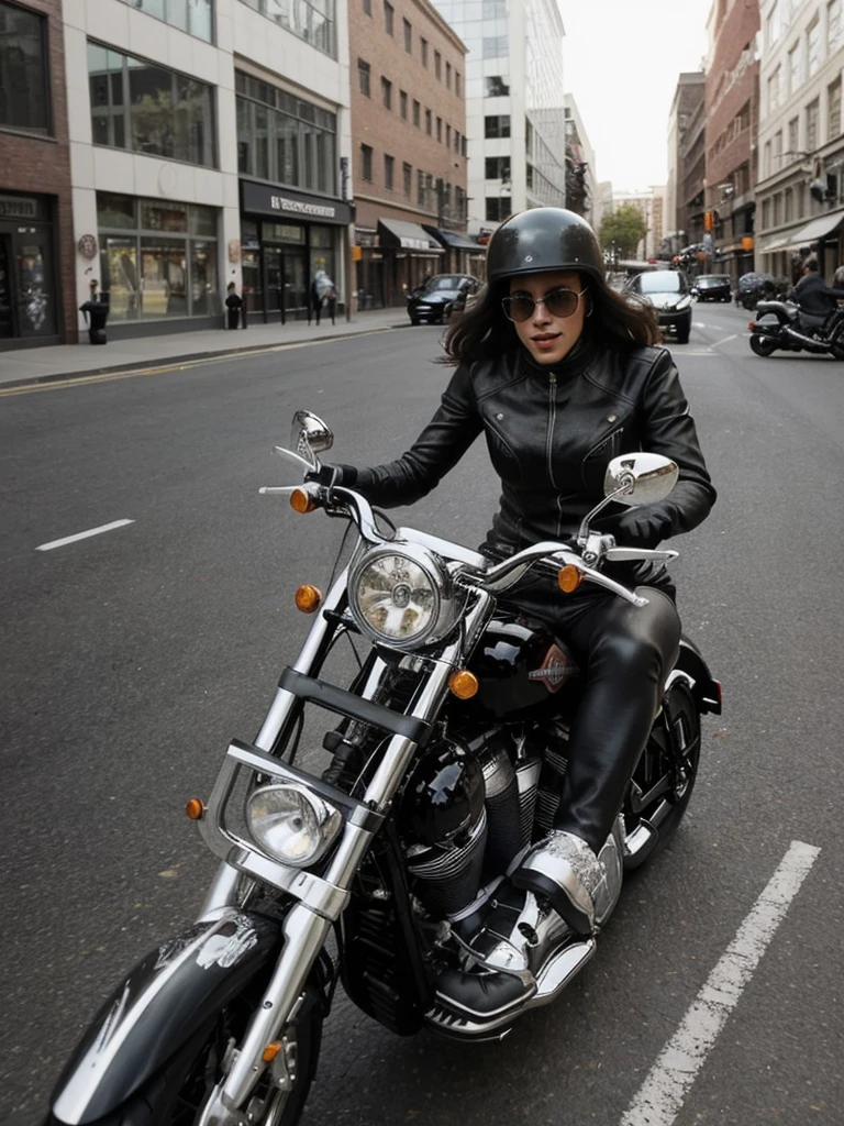 a photo of a woman riding a harley motorcycle in an urban street captured mid motion, the shot is wide and long
