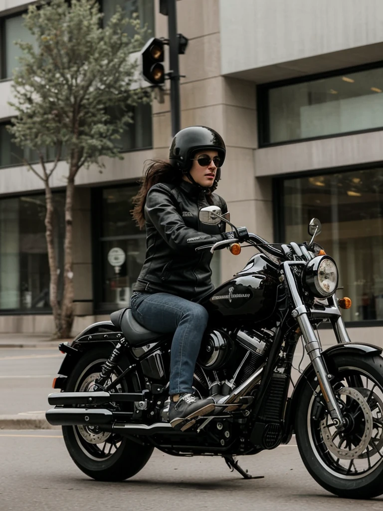 a photo of a woman riding a harley motorcycle in an urban street captured mid motion, the shot is wide and long
