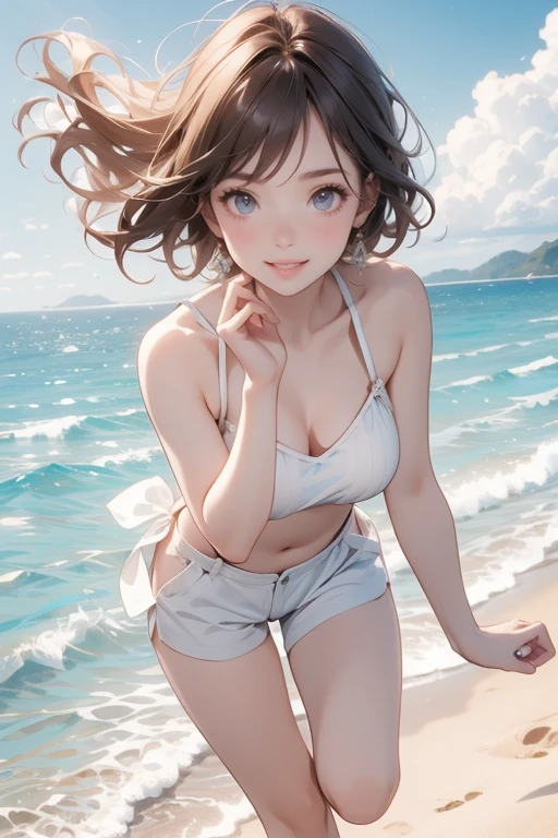 (Highest quality、masterpiece、High resolution、8K)、Vibrant colors、Young and beautiful woman 1、whole body、(Detailed face、Beautiful Eyes、Beautiful nose、Pretty lips)、Black and brown short bob、White tank top and shorts、barefoot、Jump High、Ride along the sandy beach、Surprised Smile、Official Art、The background is the sea、blue sky、Wide sandy beach、Wide forest、White waves and sandy beach、White Entrance Cloud、