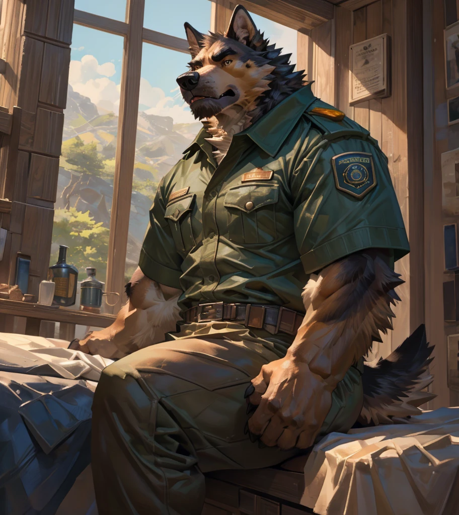 By Taran Fiddler, one man, alone, anthro canine (irish wolfhound), hound dog breed, brown fur, dilf, wrinkly face, bushy eyebrows, wearing park ranger uniform, stern facial expression, looking away from viewer, snarling, sitting on bed, inside a national park watchtower