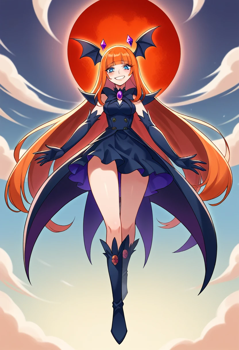 Highest quality, Very detailed,One Girl, alone, {cure_zero_hirogaruzeroprecure:1.15}, Dark blue hair, blue eyes, Blue flames in the eyes, Long Hair, Twin tails, Magical girl, bangs, Open your mouth, Redhead, multicoloRedhead, One Girl, blunt bangs, Darken your clothes, hair ornaments, Wicked Smile, devilish aura (Shiny fabric:1.5), Full Body Shot, Purple Gemstone, attractive, blush, (Beautiful attention to detail:1.6), Very detailed顔, Perfect lighting, Extremely detailed CG, (Perfect hands, Perfect Anatomy), devil, Red and black color scheme, Shiny material, Grin, Black ribbon, black satin gloves, Evil clover leaf ornament, Black frills, jewelry, corruption, Latex Gloss, Black Gothic Cape, Wicked Smile, Dark World Background, Red Moon, cloudy zero, CG Style, One-sided black wing,Dark shadowed face,Sadistic smile,Malice,Contempt,smile,black