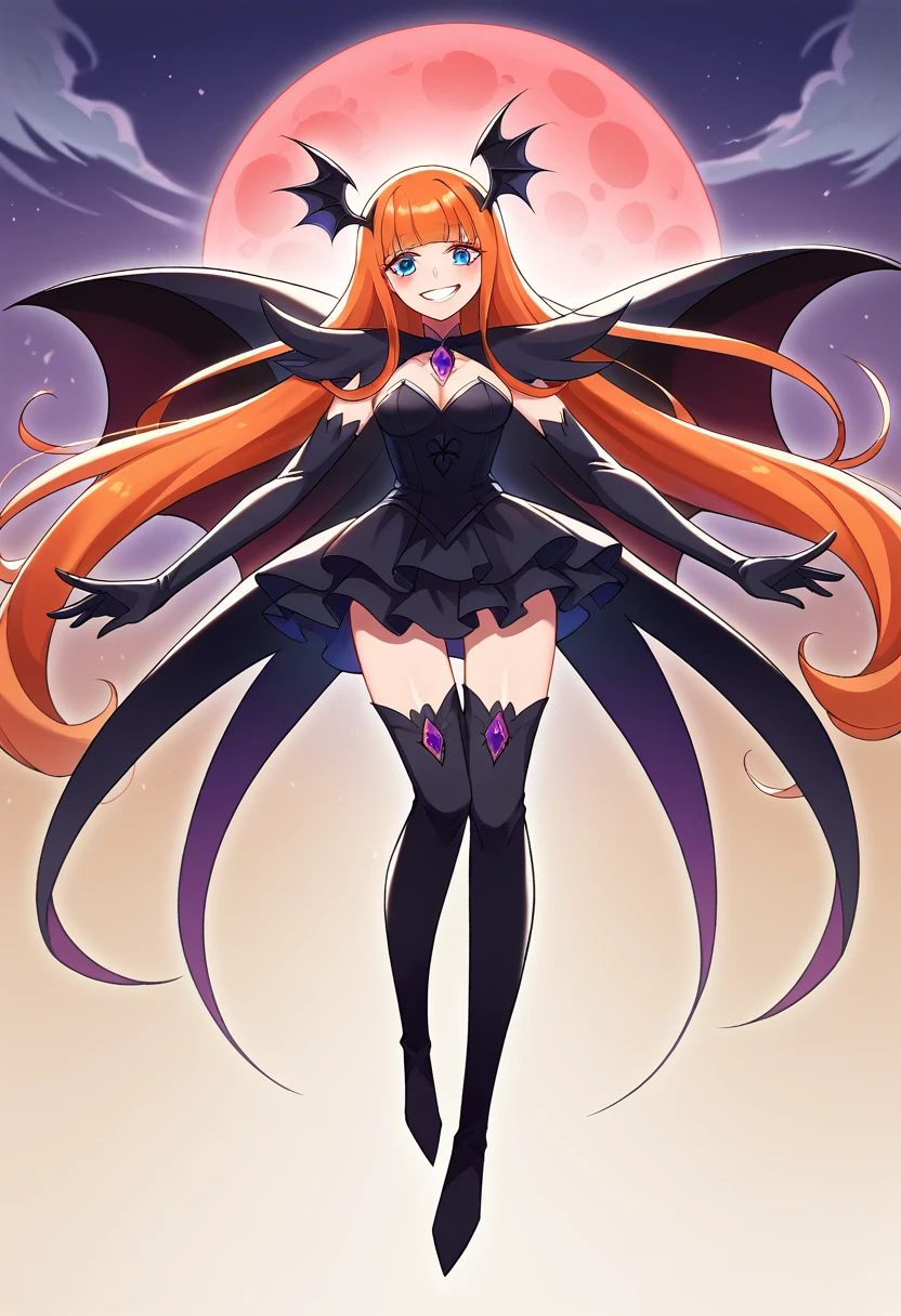 Highest quality, Very detailed,One Girl, alone, {cure_zero_hirogaruzeroprecure:1.15}, Dark blue hair, blue eyes, Blue flames in the eyes, Long Hair, Twin tails, Magical girl, bangs, Open your mouth, Redhead, multicoloRedhead, One Girl, blunt bangs, Darken your clothes, hair ornaments, Wicked Smile, devilish aura (Shiny fabric:1.5), Full Body Shot, Purple Gemstone, attractive, blush, (Beautiful attention to detail:1.6), Very detailed顔, Perfect lighting, Extremely detailed CG, (Perfect hands, Perfect Anatomy), devil, Red and black color scheme, Shiny material, Grin, Black ribbon, black satin gloves, Evil clover leaf ornament, Black frills, jewelry, corruption, Latex Gloss, Black Gothic Cape, Wicked Smile, Dark World Background, Red Moon, cloudy zero, CG Style, One-sided black wing,Dark shadowed face,Sadistic smile,Malice,Contempt,smile,black