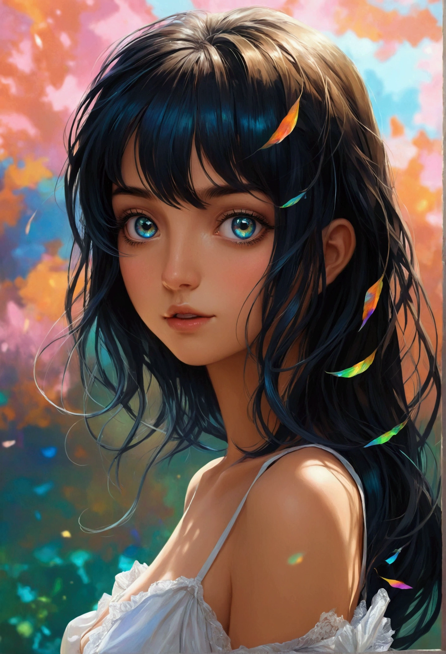 (masterpiece), best quality, expressive eyes, perfect face, Girl,long dark iridescent hair, iridescent eyes, small waist, medium chest, large thighs,nude,