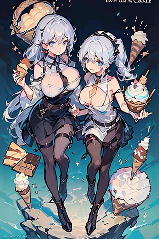 (perky chest:1.2), (pointed chest:1.2),(icecream magazine cover:1.3),(from above:1.2),(shoot from the side:1.1),(((Black Tunic:1.3))),(((cakes and bread in the basket),a 23yo Cute and beautiful girl,masterpiece、highest quality、Very detailed、Beautiful fine details、Detailed landscape、Braided Ponytail、Red camisole、((B cup breasts, Tank top showing underboob:1.0)), thigh strap, bangs, necktie, earrings, nail polish, fishnet pantyhose, silver hair, looking at viewer, full body, bottle, own hands together, belt, food, ring, choker, english text paper:1.2, collared shirt, blue eyes, hat,lace-up boots , 