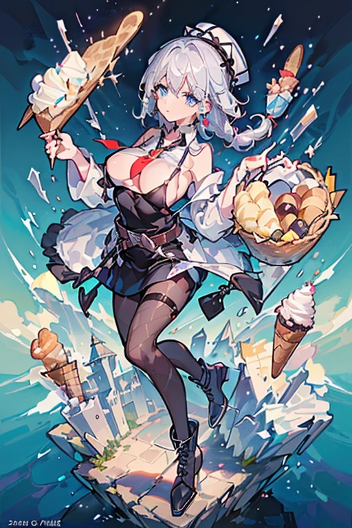 (perky chest:1.2), (pointed chest:1.2),(icecream magazine cover:1.3),(from above:1.2),(shoot from the side:1.1),(((Black Tunic:1.3))),(((cakes and bread in the basket),a 23yo Cute and beautiful girl,masterpiece、highest quality、Very detailed、Beautiful fine details、Detailed landscape、Braided Ponytail、Red camisole、((B cup , Tank top showing underboob:1.0)), thigh strap, bangs, necktie, earrings, nail polish, fishnet pantyhoilver hair, looking at viewer, full body, bottle, own hands together, belt, food, ring, choker, english text paper:1.2, collared shirt, blue eyes, hat,lace-up boots ,