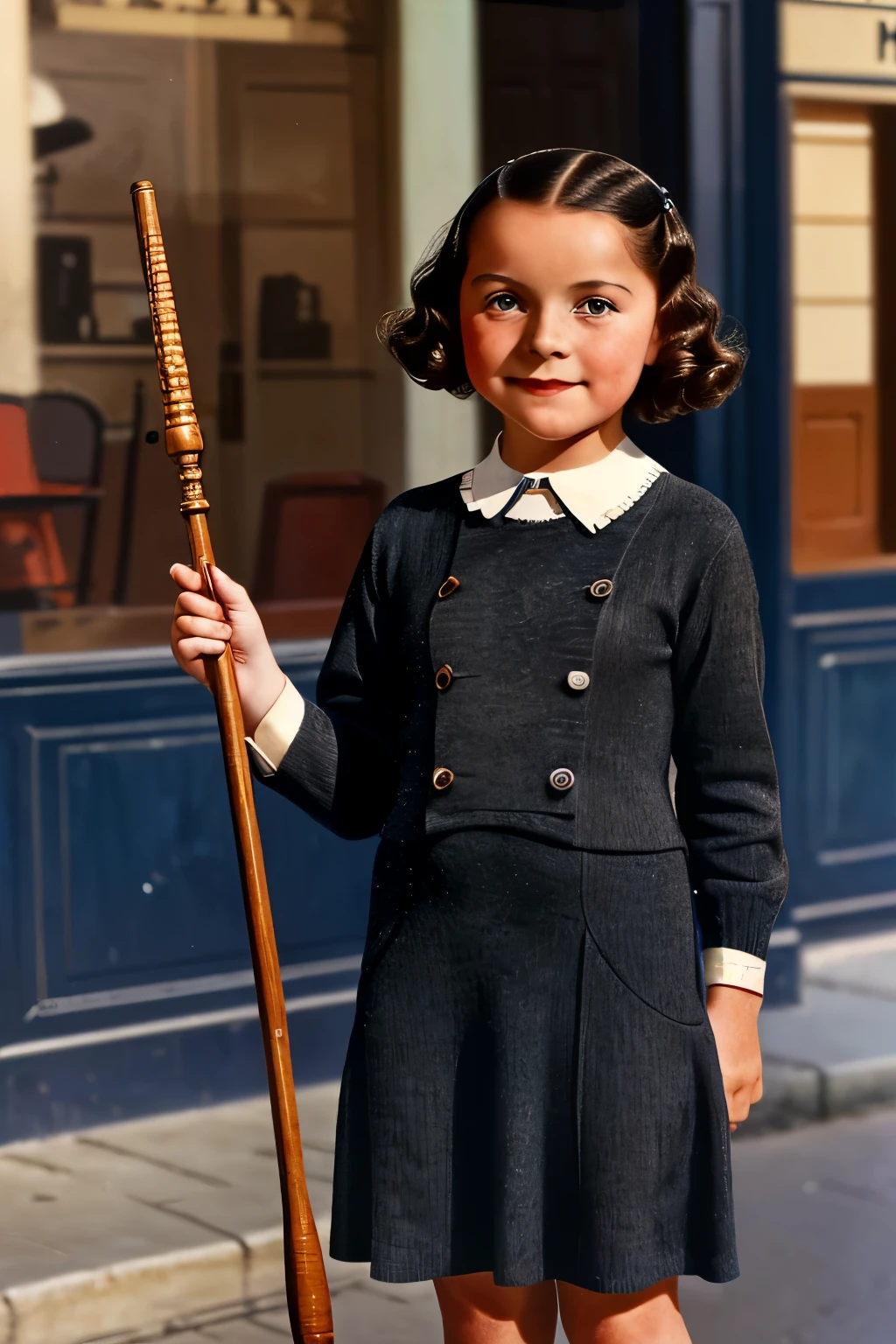 Paris, 1940. A little ((((12-year-old)) Marie-Laure LeBlanc)), (((with a cane))), freckles, ((((clothings from the 1930s)))), ((dark hairstyle of the 1930s))