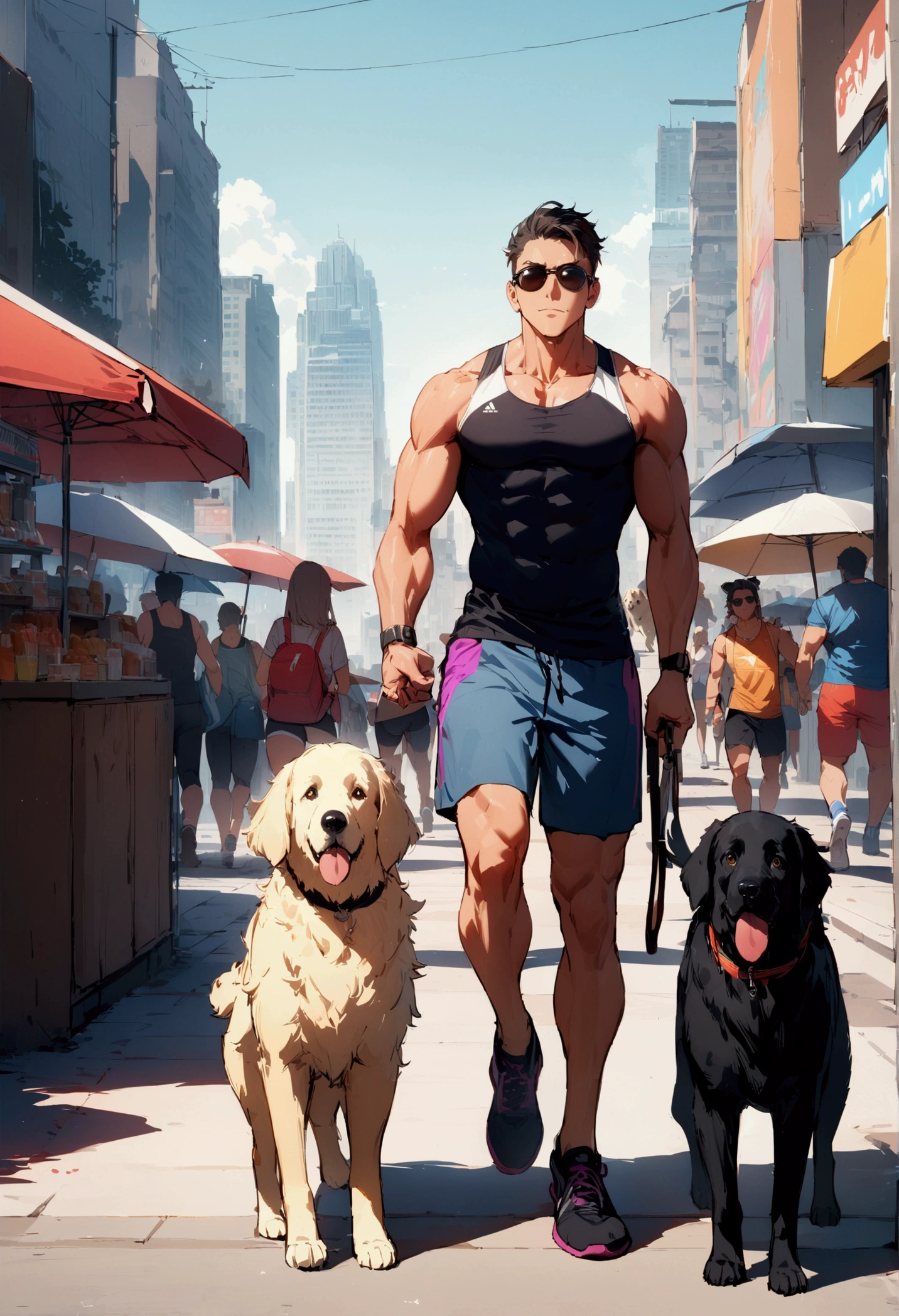 best quality, masterpiece, 8K, HD, young muscular man, wearing sports tank top and tight booty shorts, wearing stylish sunglasses, jogging while walking two dogs on leashes, a big black dog and a golden retriever in front of him, in a crowded park, hotdog stand with umbrella on the side, metropolitan city in the background, front view, full body, vibrant colors, highly detailed