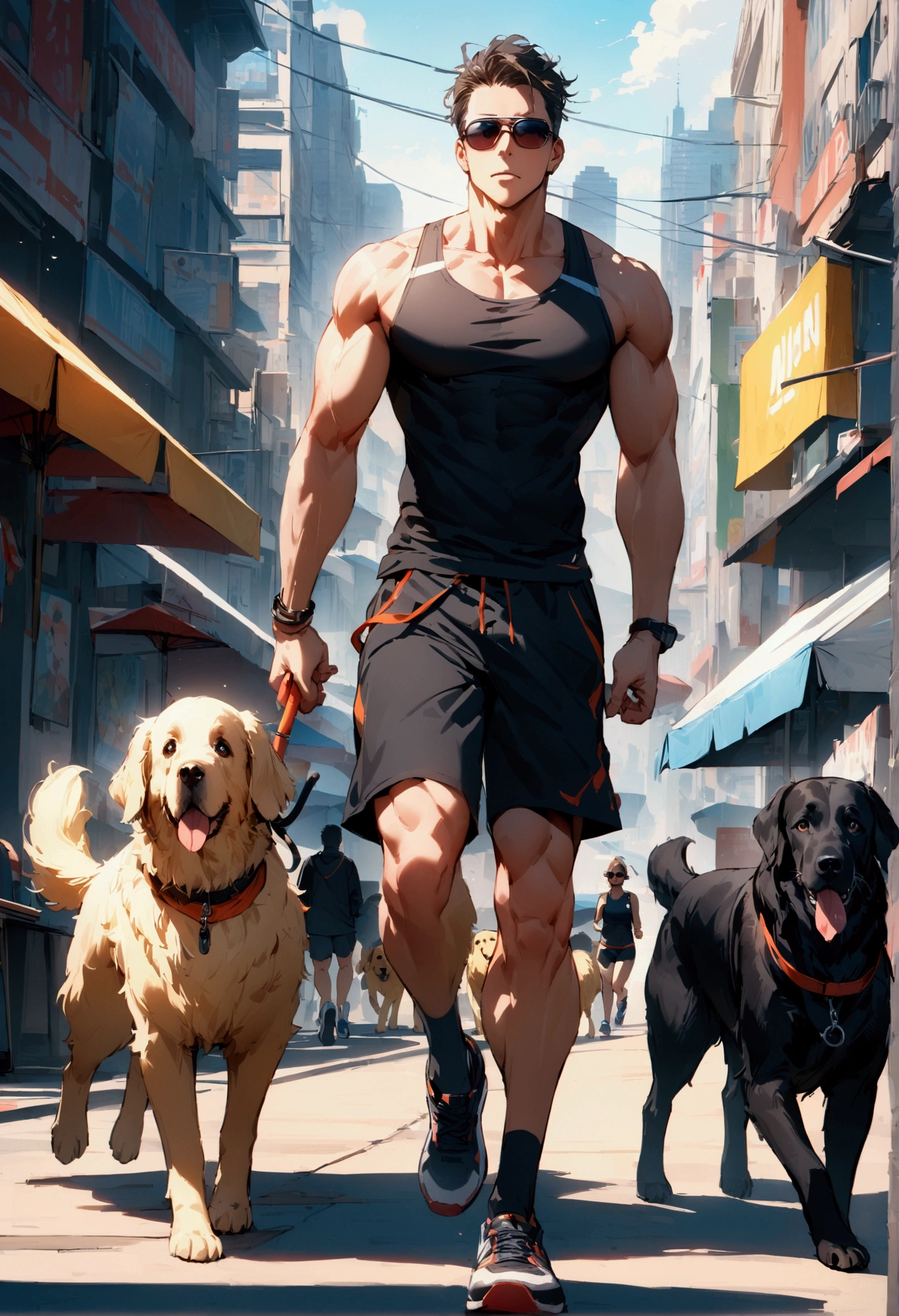 best quality, masterpiece, 8K, HD, young muscular man, wearing sports tank top and tight booty shorts, wearing stylish sunglasses, jogging while walking two dogs on leashes, a big black dog and a golden retriever in front of him, in a crowded park, hotdog stand with umbrella on the side, metropolitan city in the background, front view, full body, vibrant colors, highly detailed