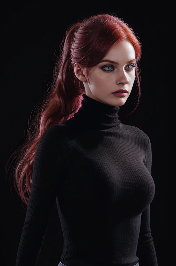 woman , Auburn-red-hair,  pale, wearing black turtleneck. eyeliner , beautiful woman, beautiful female ,beautiful ,eyeliner , elegant, digital painting, smooth, dramatic lighting, ultra realistic, 8k, art , blur backgrond, black background ,black background,black wallpaper,wearing black turtleneck with short pink jeans, appeard body 