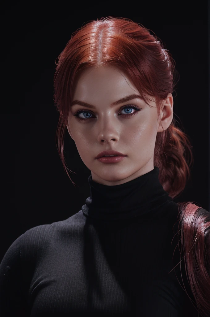 woman , Auburn-red-hair,  pale, wearing black turtleneck. eyeliner , beautiful woman, beautiful female ,beautiful ,eyeliner , elegant, digital painting, smooth, dramatic lighting, ultra realistic, 8k, art , blur backgrond, black background ,black background,black wallpaper,wearing black turtleneck with short pink jeans, appeard body 