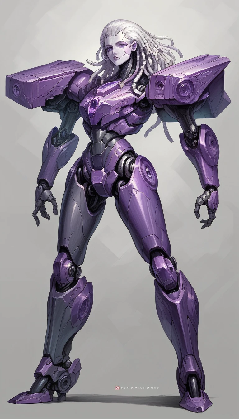 ,masterpiece, best quality, 4k, best quality, masterpiece, robot girl, black-white mecha body, shiny, standing, (purple light array trim), dreadlock, white hair, hentai, high-definition, crisp clarity, sharp contrast, vivid luminance, photorealistic details, intricate textures, metallic sheen, radiant glow.