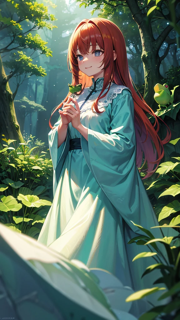 "A young girl stands in a magical forest, holding a unique frog in her hands. The girl, around , has long, flowing auburn hair adorned with tiny flowers. She wears a simple, white dress with lace trim, which contrasts with the vibrant greens and earthy tones of the forest around her. Her eyes are wide with wonder and excitement as she gazes at the frog.
The frog itself is no ordinary amphibian. Its skin is an iridescent mix of deep blues and purples, with intricate golden patterns that shimmer in the dappled sunlight filtering through the trees. It has large, expressive eyes that seem to twinkle with intelligence and a slight, knowing smile on its face. The frog's legs are unusually long and elegant, almost giving it a regal appearance.
Around them, the forest is alive with magic. Soft, glowing orbs of light float through the air, casting a gentle luminescence on the scene. Exotic