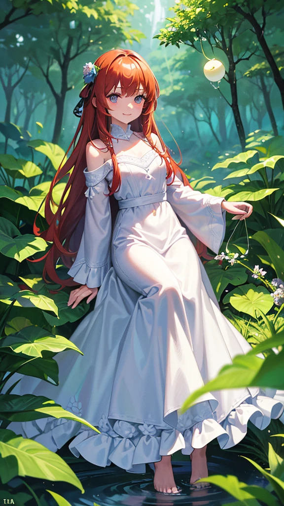 "A young girl stands in a magical forest, holding a unique frog in her hands. The girl, around , has long, flowing auburn hair adorned with tiny flowers. She wears a simple, white dress with lace trim, which contrasts with the vibrant greens and earthy tones of the forest around her. Her eyes are wide with wonder and excitement as she gazes at the frog.
The frog itself is no ordinary amphibian. Its skin is an iridescent mix of deep blues and purples, with intricate golden patterns that shimmer in the dappled sunlight filtering through the trees. It has large, expressive eyes that seem to twinkle with intelligence and a slight, knowing smile on its face. The frog's legs are unusually long and elegant, almost giving it a regal appearance.
Around them, the forest is alive with magic. Soft, glowing orbs of light float through the air, casting a gentle luminescence on the scene. Exotic