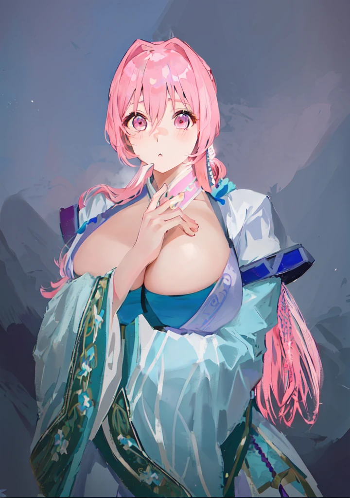 Pink Hair、Anime girl in blue dress poses for photo, Pink ponytail头发和粉色眼眸, Produced in collaboration with Anime Painter Studio, In the anime painter studio, ,  Sonison，超级Sonison，Celluloid，Three Kingdoms，Chinese style，antiquity，Hanfu，，Huge Breasts，Good shape，Pink ponytail，Pink long hair，Costume，包不住的Huge Breasts，Cute girl，Noble