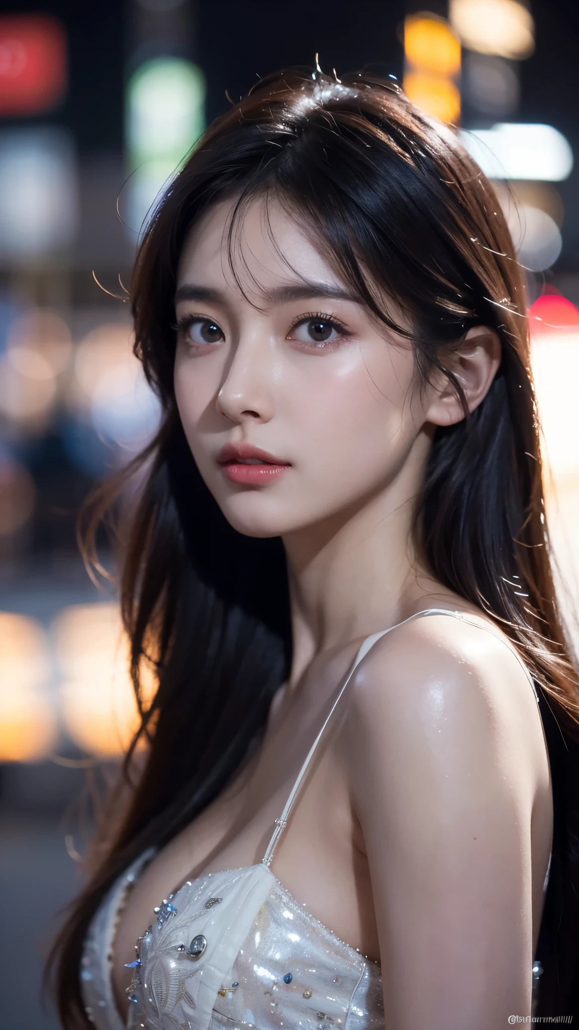 8K, masterpiece, raw photo, best quality, photorealistic, extremely detailed CG unity 8K wallpaper, depth of field, cinematic light, lens flare, ray tracing, (very beautiful face, beautiful lips, beautiful eyes), A face with intricate details, ((highly detailed skin)) 1 woman (highest resolution, separate_video) best quality, 1 woman, tokyo streets,night, cityscape,city lights, upper body, cleavage 8K, raw photo, best quality, masterpiece,realistic, photo-realistic, medium shot, reply.