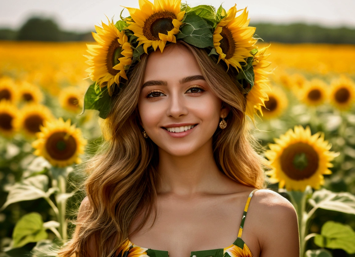 (best quality,high resolution,masterpiece:1.2),Extremely detailed,portrait,Beautiful sunflower girl,Gorgeous sunflower petal dress,Vibrant sunflower fields,Sunflower crown,Delicate sunflower pattern,Soft natural lighting,Gold-toned color palette,Young and energetic,Lush green background,A light warm breeze,Artistic Rendering,Tanned skin,Expressive and detailed facial features,Gentle smile,Vivid and green hues,Bokeh effect,Attention to detail,Realistic depiction of sunflower petals,Sunflower Girl's Style Interpretation.