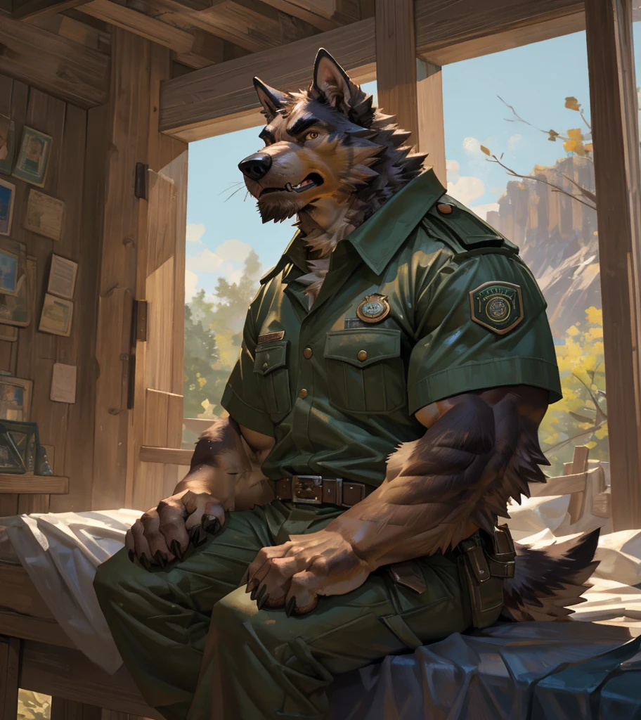By Taran Fiddler, one man, alone, anthro canine (irish wolfhound), hound dog breed, brown fur, dilf, wrinkly face, bushy eyebrows, wearing park ranger uniform, stern facial expression, looking away from viewer, snarling, sitting on bed, inside a national park watchtower