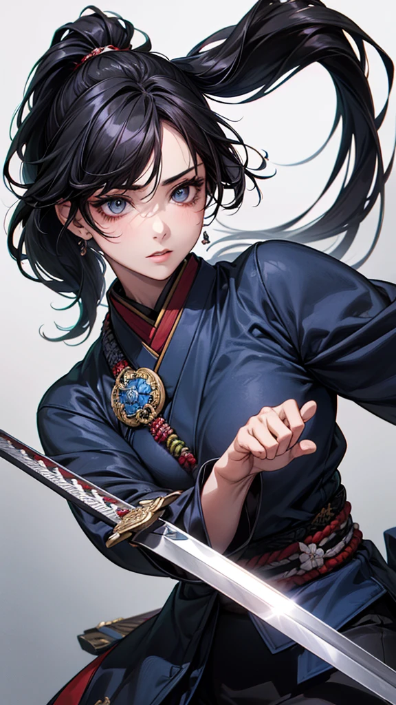 Highest quality, Ultra-high resolution, (Realistic: 1.4), beautiful Eyes, Super beautiful, beautiful, Warrior, Japanese clothing、 Dance、((Black Hair、ponytail)),Black and blue tones、 sword、beautiful Soldier, Eyes that beckon, Mistress&#39;s point of view, Droopy eyes、Attractive look, Sexy smile, Perfect Style, Perfect balance, Detailed skin, Mischievous Gaze,battlefield