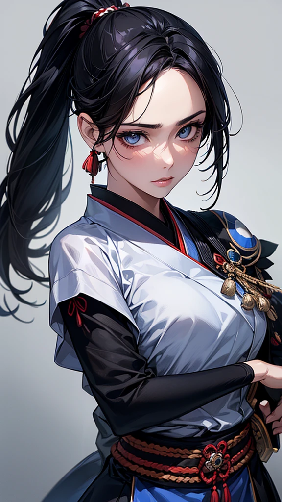 Highest quality, Ultra-high resolution, (Realistic: 1.4), beautiful Eyes, Super beautiful, beautiful, Warrior, Japanese clothing、 Dance、((Black Hair、ponytail)),Black and blue tones、 sword、beautiful Soldier, Eyes that beckon, Mistress&#39;s point of view, Droopy eyes、Attractive look, Sexy smile, Perfect Style, Perfect balance, Detailed skin, Mischievous Gaze,battlefield