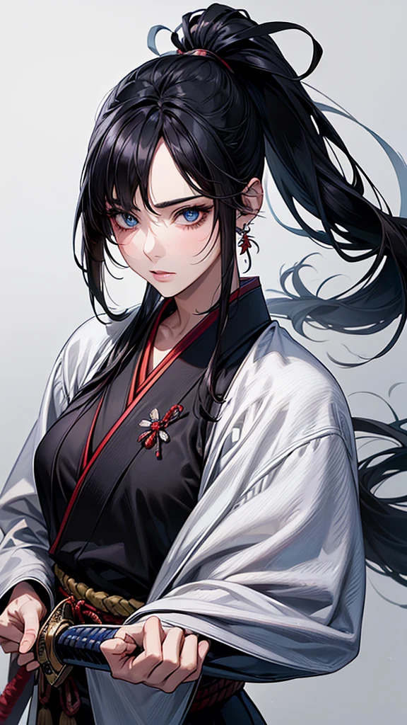 Highest quality, Ultra-high resolution, (Realistic: 1.4), beautiful Eyes, Super beautiful, beautiful, Warrior, Japanese clothing、 Dance、((Black Hair、ponytail)),Black and blue tones、 sword、beautiful Soldier, Eyes that beckon, Mistress&#39;s point of view, Droopy eyes、Attractive look, Sexy smile, Perfect Style, Perfect balance, Detailed skin, Mischievous Gaze,battlefield