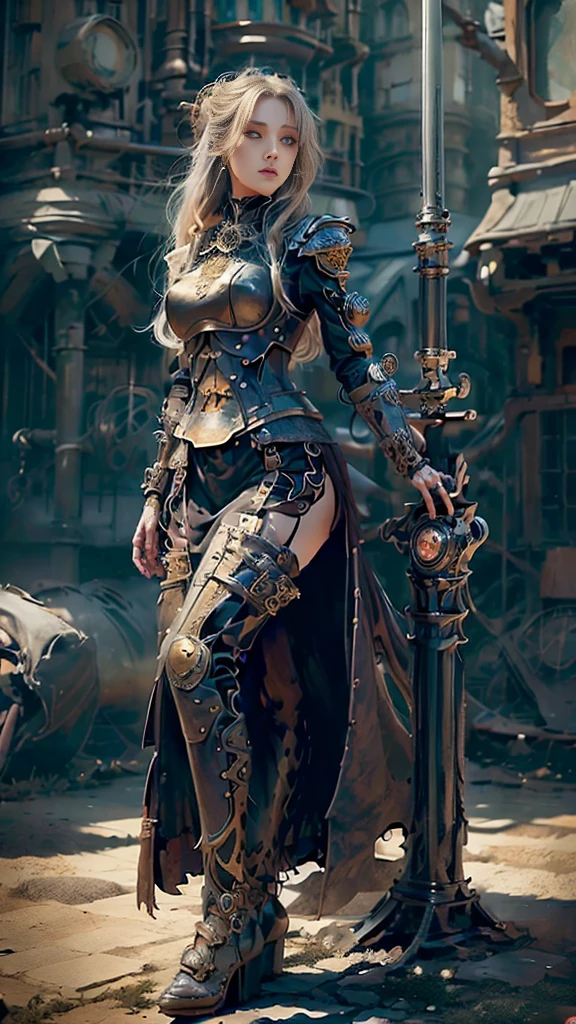 ((best quality)), ((masterpiece)), (detailed), 1 girl, whole body,Standing,Girl,Long blond hair,Green Eyes,Wearing grey steampunk armor,Holding a long sword,Background is the ruins of the city。