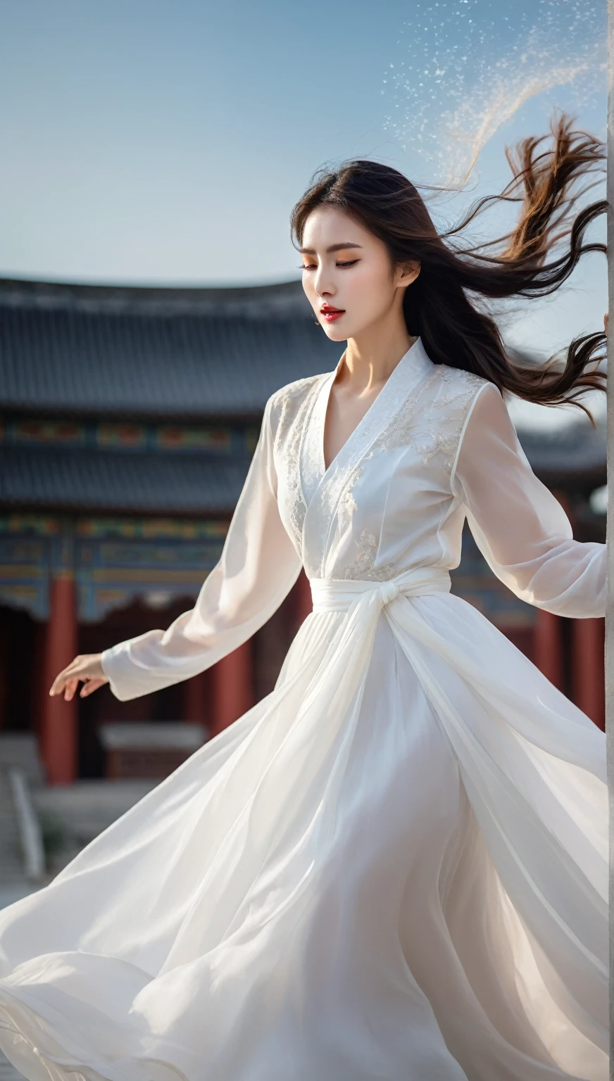beautiful Korean woman, (((Mikamaria))), (motion blur:1.3), abnormally stunning beautiful face, black and white close-up,woman in intricate pure white hanbok dress, spinning frantically, translucent stinging air particles on the hem of the dress ,Flying in the air like a Chinese movie ,spinning frantically, translucent tingling air particles on dress hem,in ancient china, professional fashion photography,UHD, 4k, 8k