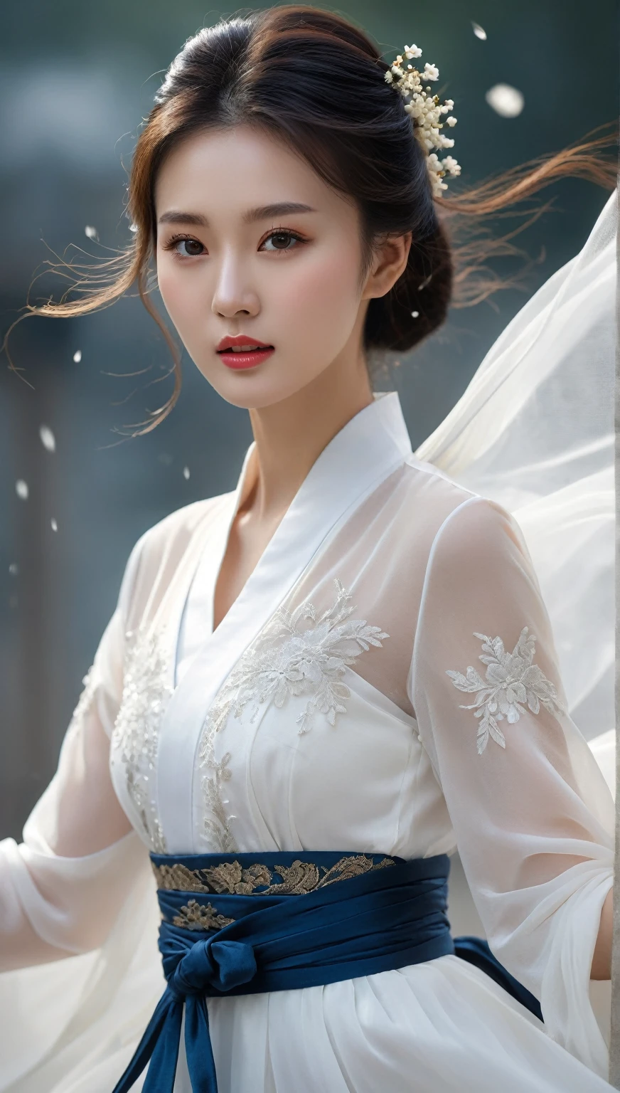 beautiful Korean woman, (((Mikamaria))), (motion blur:1.3), abnormally stunning beautiful face, black and white close-up,woman in intricate pure white hanbok dress, spinning frantically, translucent stinging air particles on the hem of the dress ,Flying in the air like a Chinese movie ,spinning frantically, translucent tingling air particles on dress hem,in ancient china, professional fashion photography,UHD, 4k, 8k