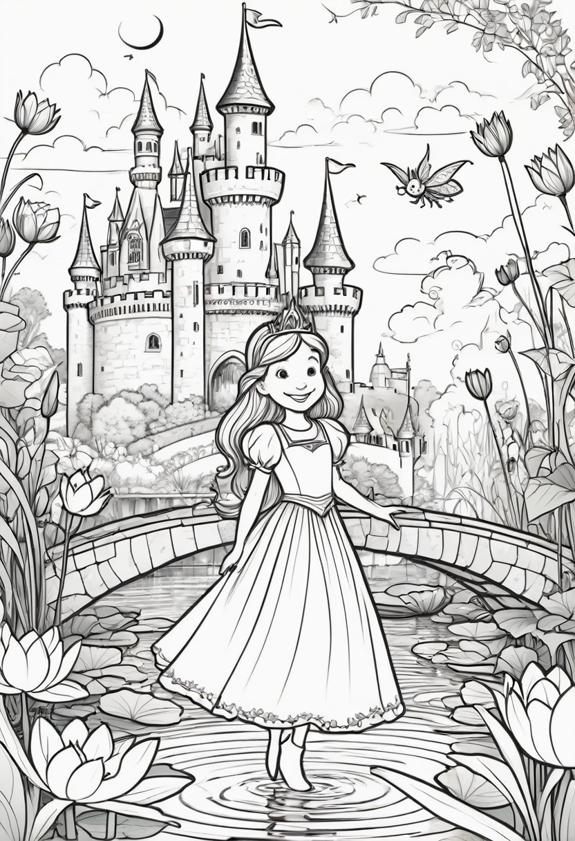 A delightful, child-friendly illustration with thick black lines on a white background. The main focus is a magical fairy tale castle, featuring tall towers with flags, a drawbridge, and a moat filled with water lilies. A friendly dragon is flying gracefully in the sky, and a smiling princess is waving from one of the windows. The simplicity of the lines and lack of shading and texture makes it an ideal coloring page for kids to bring their creativity to life, illustration