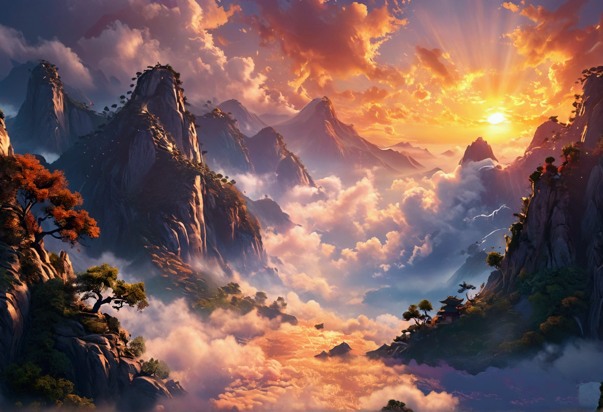 ancient chinese landscape mountains，Rios，Auspicious clouds，Light of the sun，masterpiece，Super Detail，A magnificent composition，Hyper HD，high quality，Very detailed，Official Art，Unity8k wallpaper，Super Detail，Intentional area, 32k -- V 6