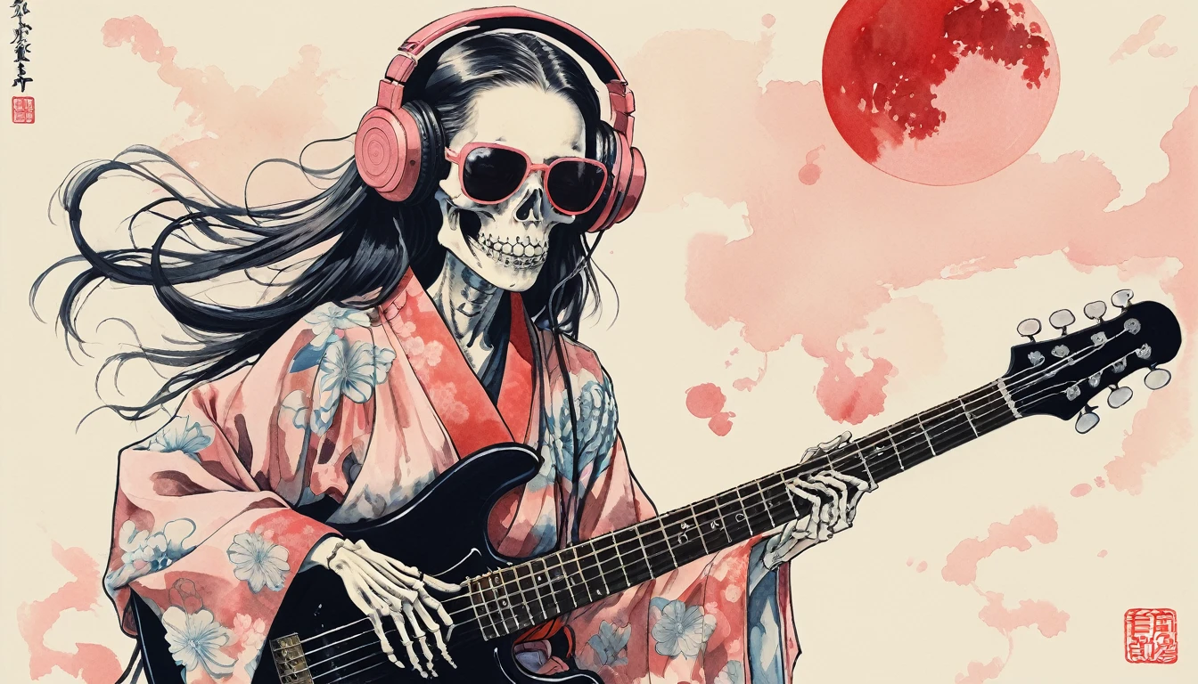 A female skeleton with long hair wearing a gorgeous kimono, Light pink lens sunglasses, Katsushika Hokusai, Ink Painting, Japanese style headphones, Playing the bass guitar, Modern ukiyo-e style, Red Eyes