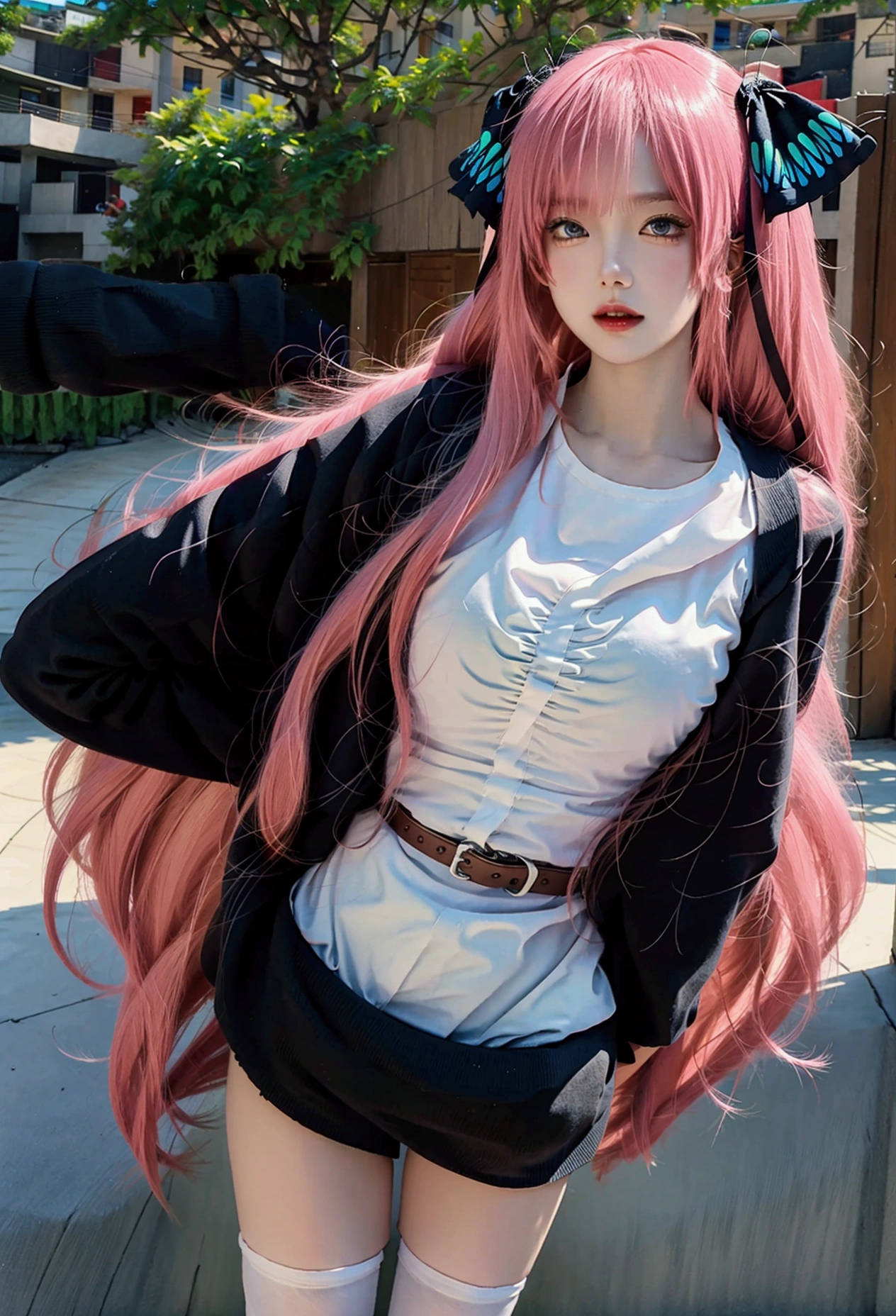 ultra-detailed,highly detailed,best quality,masterpiece,illustration, 
The image is of an anime girl with long pink hair, wearing a black off the shoulder top, a white tank top, blue denim shorts, a red belt, and butterfly hair clips. The image is drawn in an anime art style and features some features of a cartoon. She is standing outside on a sunny day. There are trees and buildings behind her, as well as a bright sun shining in the top left corner of the image. Her left hand is on her hip and her right hand is to the side of her body, almost touching the trees. Her expression is one of either anger or shock, but her eyes are wide open and her pupils are small. The image is brightly colored and well-lit. She appears to be surprised or shocked by something.