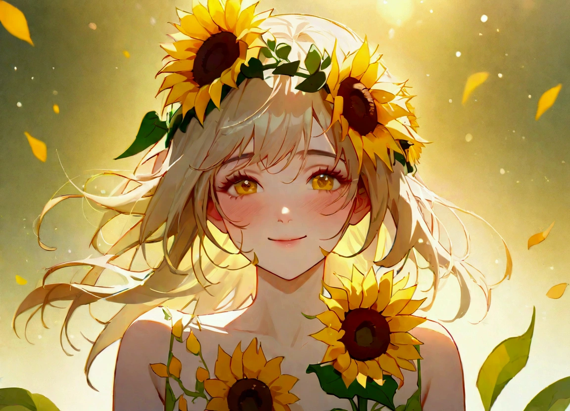 (best quality,high resolution,masterpiece:1.2),Very detailed,image,美丽的Sunflower girl,Gorgeous sunflower petal dress,Vibrant sunflower fields,Sunflower crown,Delicate sunflower pattern,Soft natural light,Gold-toned color palette,like々shining,Green leaf background,A gentle breeze,ArtisticExpressions,Sunburn,Expressive and detailed facial features,A kind smile,Bright and green tones,Bokeh effect,Attention to detail,Realistic depiction of sunflower petals,right《Sunflower girl》Style interpretation.