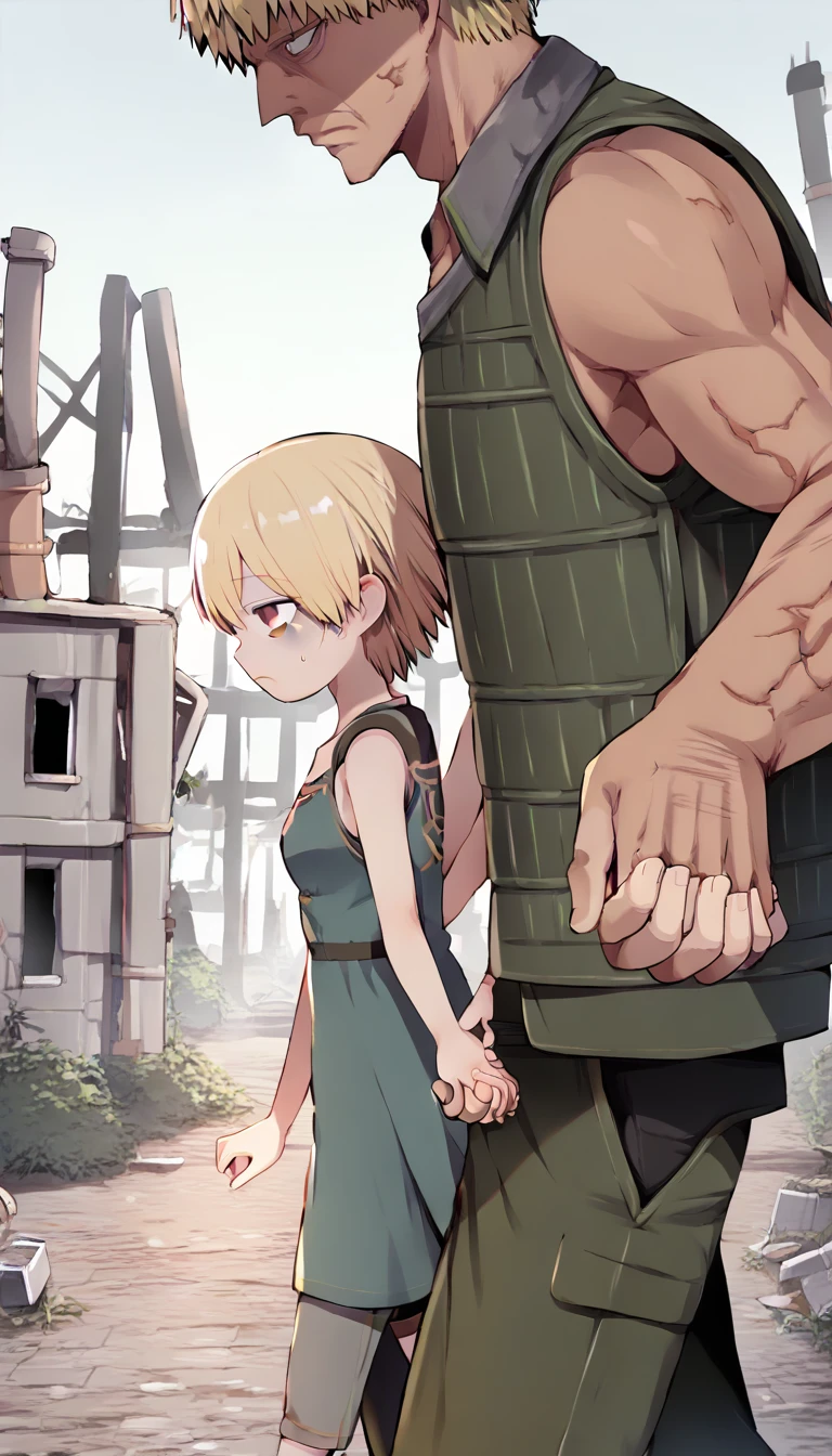 score_9, score_8_up, score_7_up, source_anime BREAK 
1girl, 14yo, _young, from side, small breasts, (girl dirty grey casual dress, holding hand in another's hand, blonde short hair, grey eyes, sad face), (town ruins:1.5), outdoors, walking, ((size difference:1.5)), (male face out of frame, (male cargo vest, pants)), dark backgroud