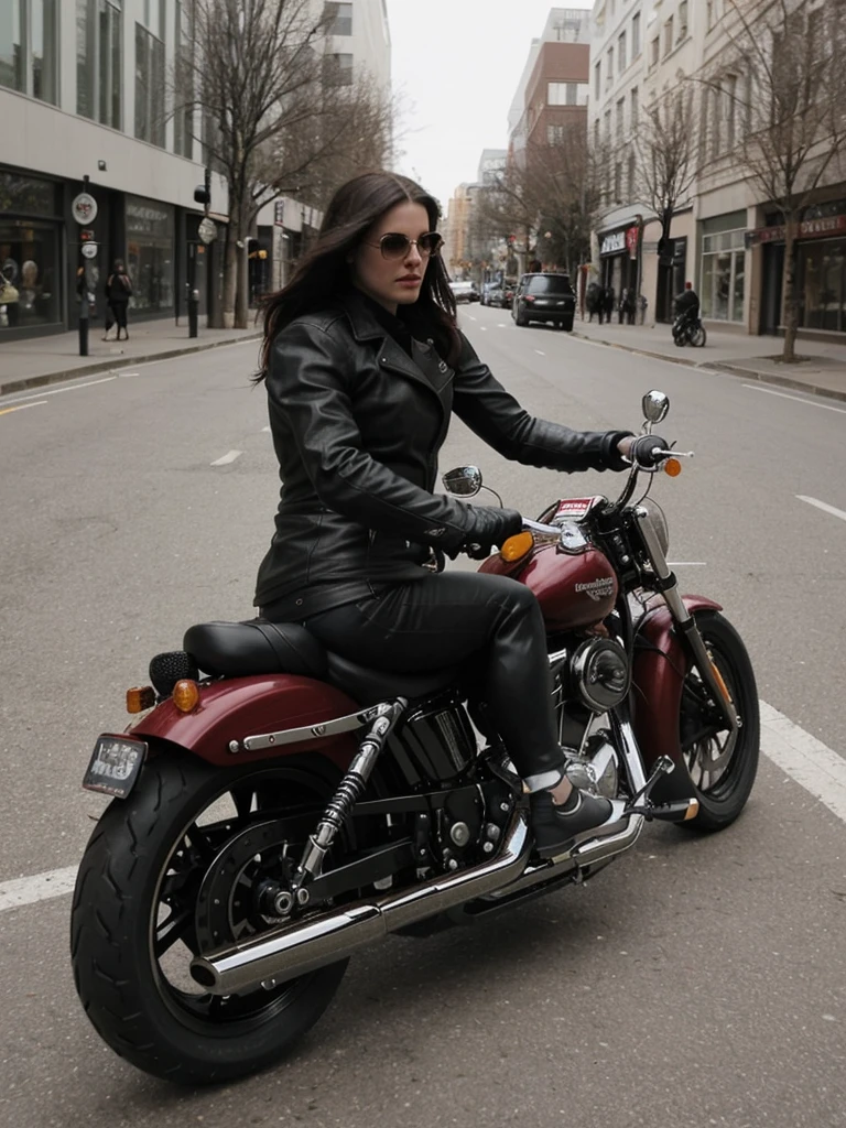 a photo of a woman riding a harley motorcycle in an urban street captured mid motion using a phone from 2010, the shot is wide and long
