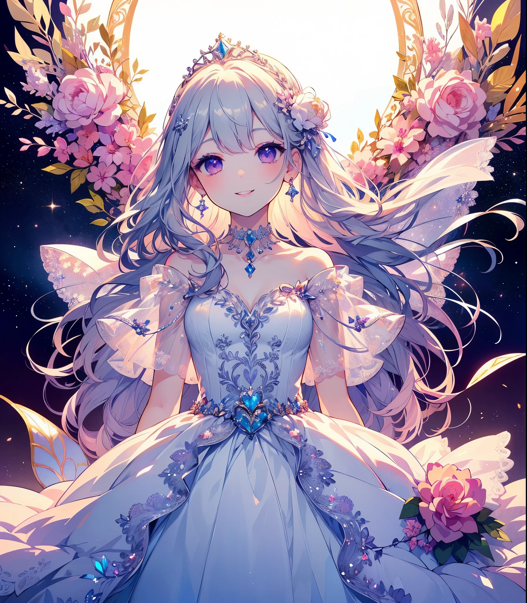 (Highest quality, masterpiece, Very detailedな, Very detailed, Exquisite, 16K,Full HD),A little closer,Golden Ratio,Dramatic lighting,pastel colour,Soft lighting, ((alone:1.5)),full moon,Starry Sky,meteor群,meteor,((head shot,Photo from the shoulders up)),(princess, Purple eyes, Long eyelashes,White skin,slim,pale pink plump lips,Pale pink cheeks, The wind is blowing,White fluffy hair,thin and long,(thin and high nose,Small Nose,Silver decoration,Diamond Tiara,Diamond Earrings,Diamond Earrings,Diamond Choker,(silver ball gown dress:1.1), Silver lace and frills,(smile:1.2), (Fantasy, Romantic atmosphere), Magic Light,ice magic,