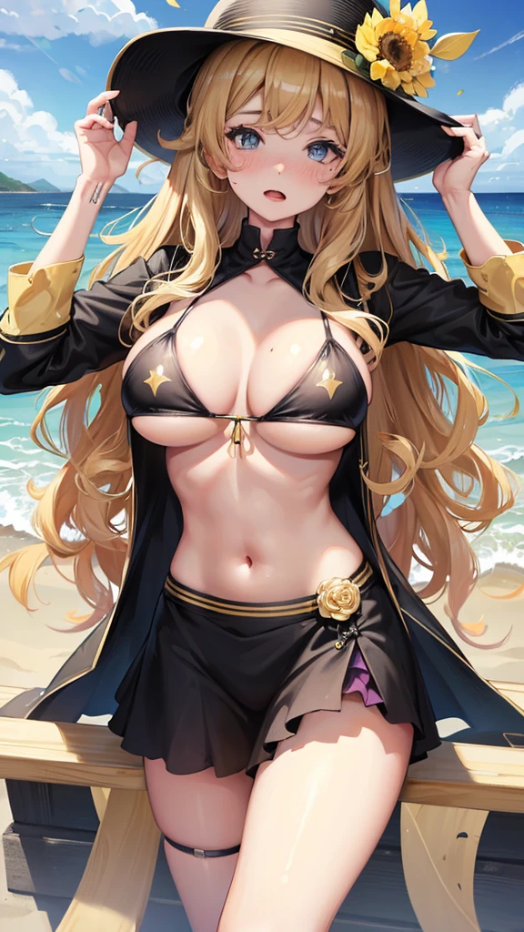 1 woman (navia) ,(genshinimpact ),blonde,(wavy hair curl),  blue eyes ,blush ,open mouth, looking at viewer, bikini (yellow,black) ,[ hat (black) ,flower on hat (yellow ,golden)], beach ,morning, big breasts, 